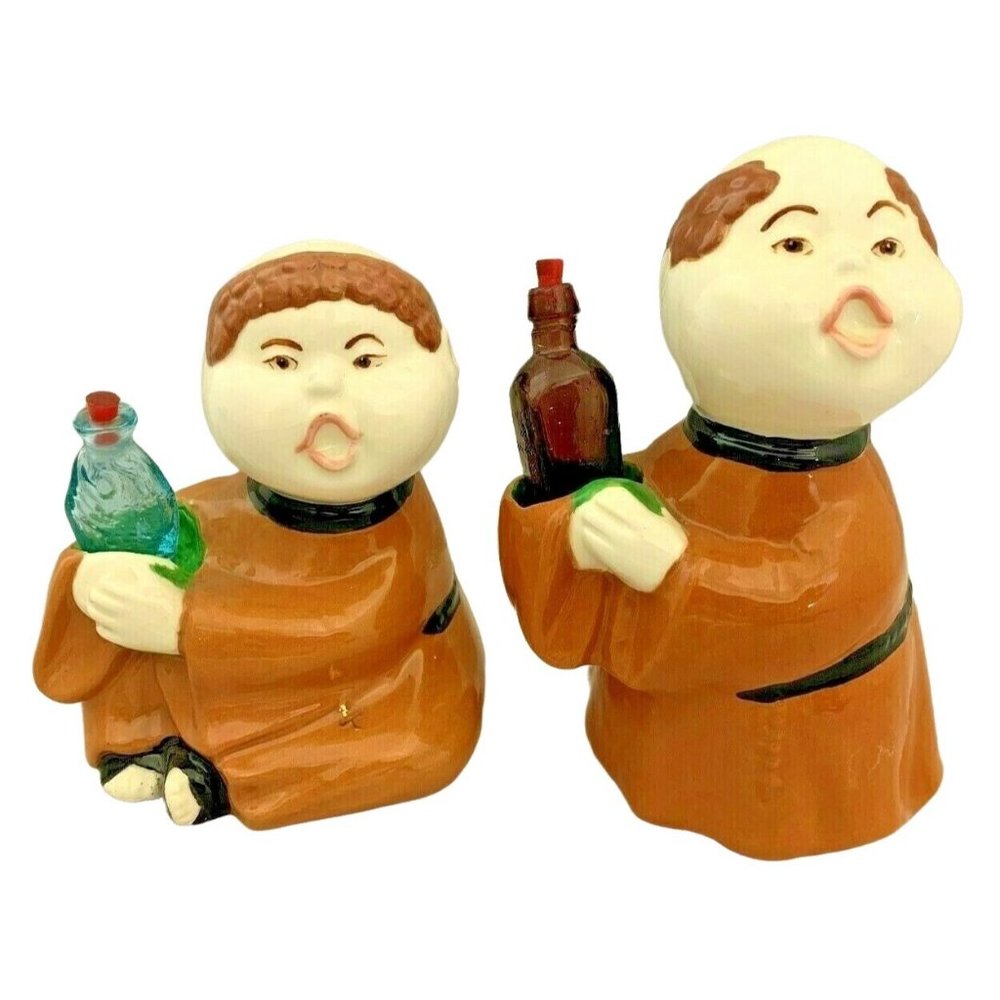 Pair of Ceramic Monk Figurines Holding Wine / Liquor Bottles - 5" & 6" Tall